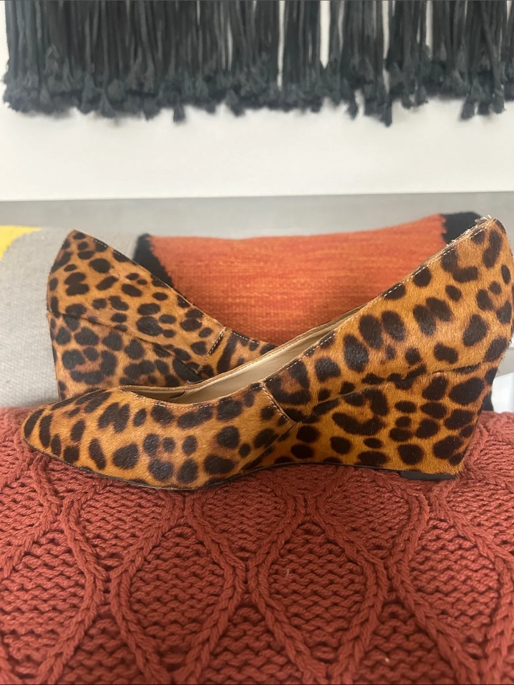 1. State Leather Wedge Leopard Print Pumps in Brown and Black Size 8